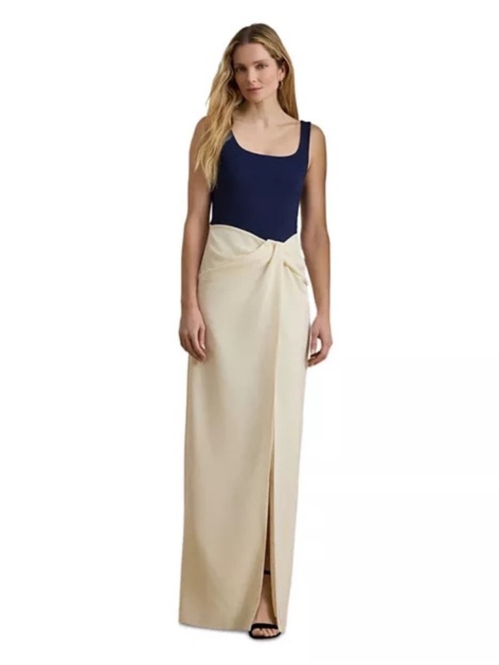 Lauren Ralph Lauren Two Tone Ottoman & Crepe Formal Dress Size 8 Navy Blue Cream